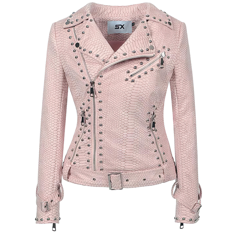 Women's Moto Biker Jacket / Rivet Adjustable Waist Leather Motorcycle Jacket - HARD'N'HEAVY
