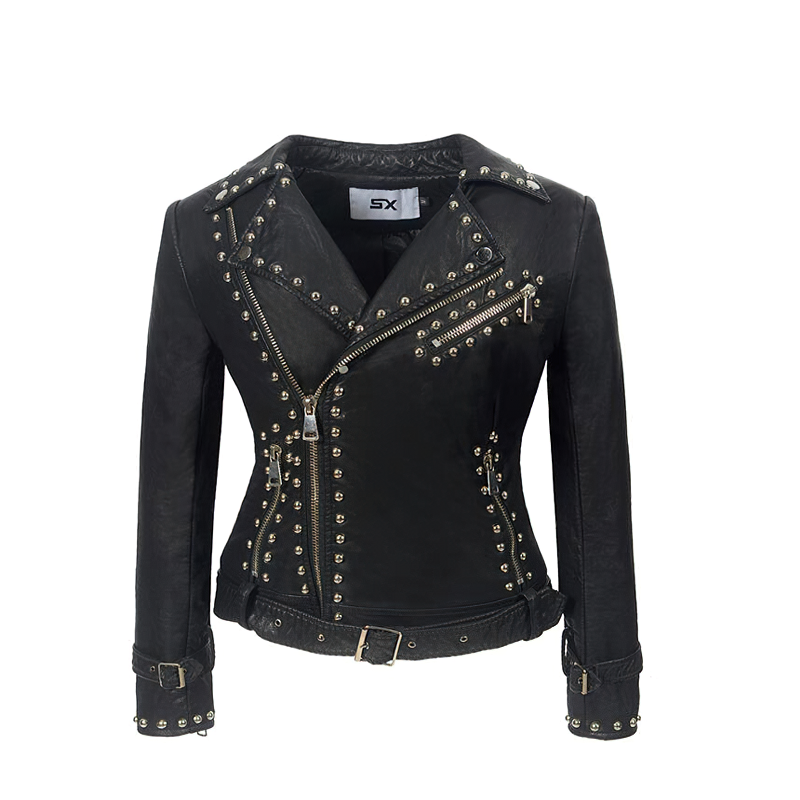 Women's Moto Biker Jacket / Rivet Adjustable Waist Leather Motorcycle Jacket - HARD'N'HEAVY