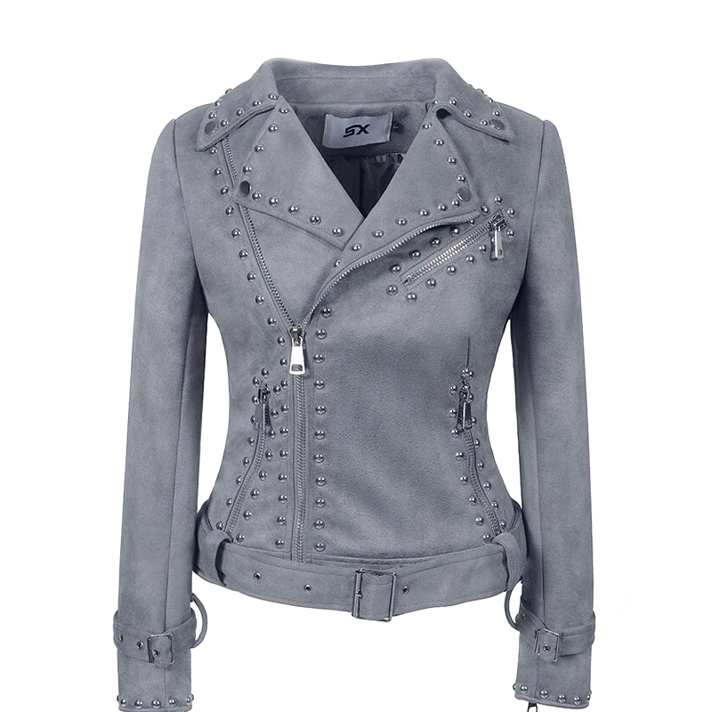 Women's Moto Biker Jacket / Rivet Adjustable Waist Leather Motorcycle Jacket - HARD'N'HEAVY