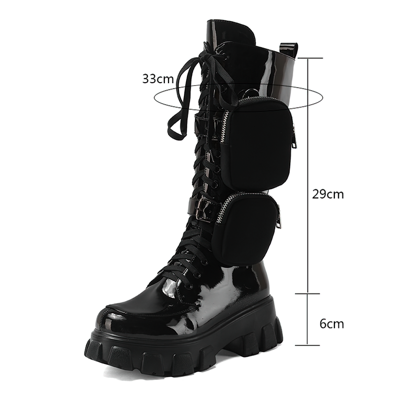 Women’s black platform motorcycle boots with pockets, genuine leather mid-calf style, trendy alternative fashion.