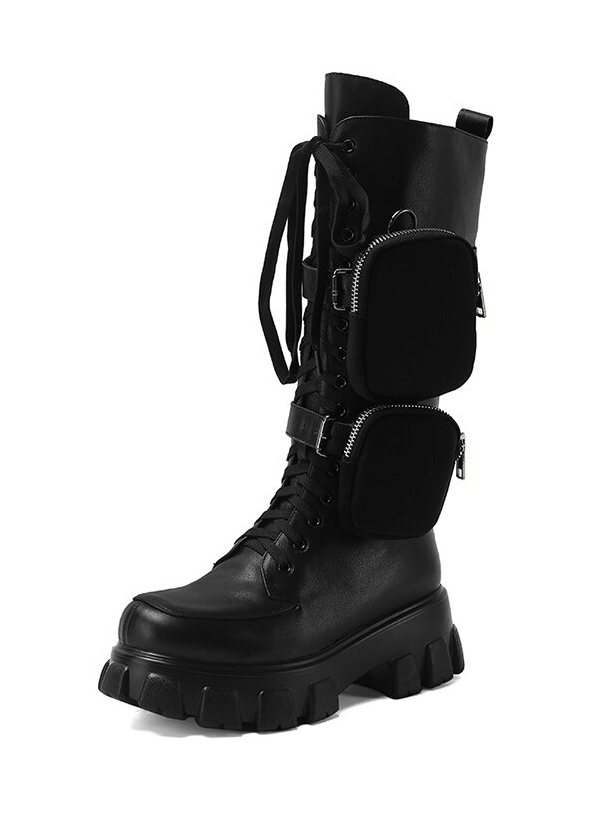 Sleek black mid-calf platform boots with pockets, crafted from genuine leather for a bold alternative fashion statement.