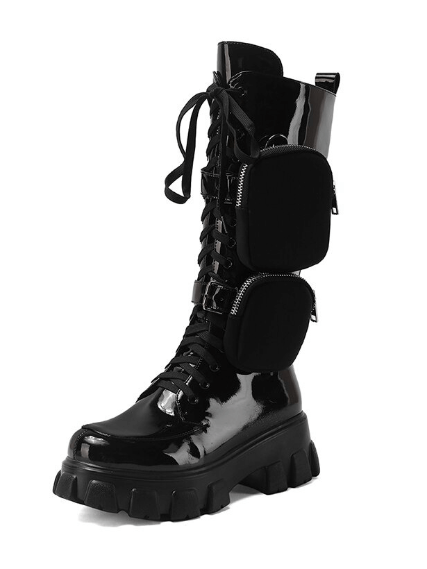 Sleek mid-calf black platform boots with pockets, made from genuine leather for alternative fashion.