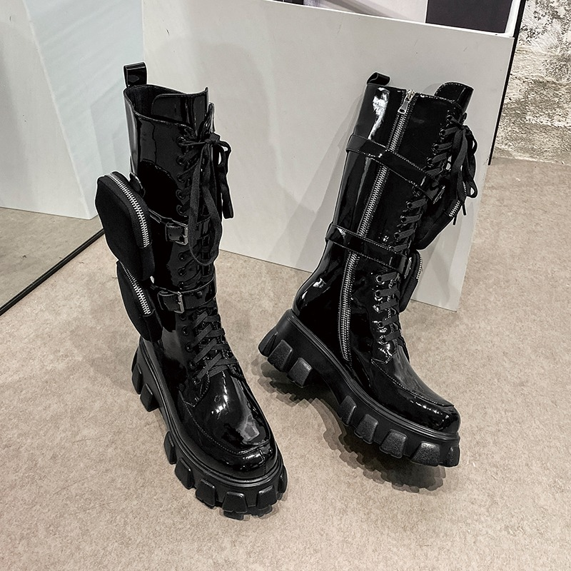 Women's black genuine leather motorcycle platform boots with pockets, stylish mid-calf design, perfect for alternative fashion.