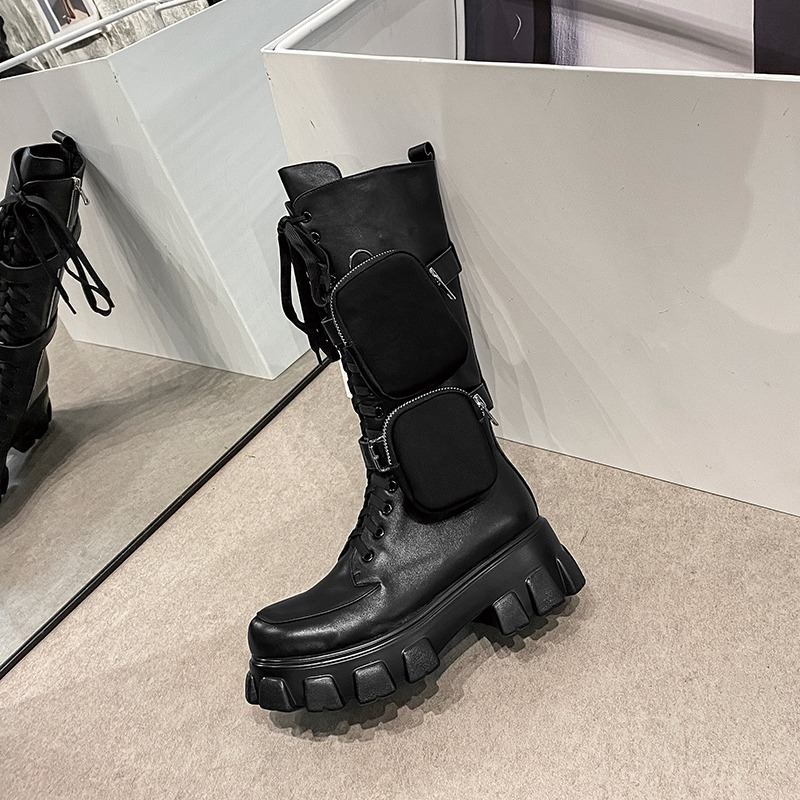 Women's black mid-calf platform boots with pockets, stylish genuine leather design, perfect for alternative fashion.