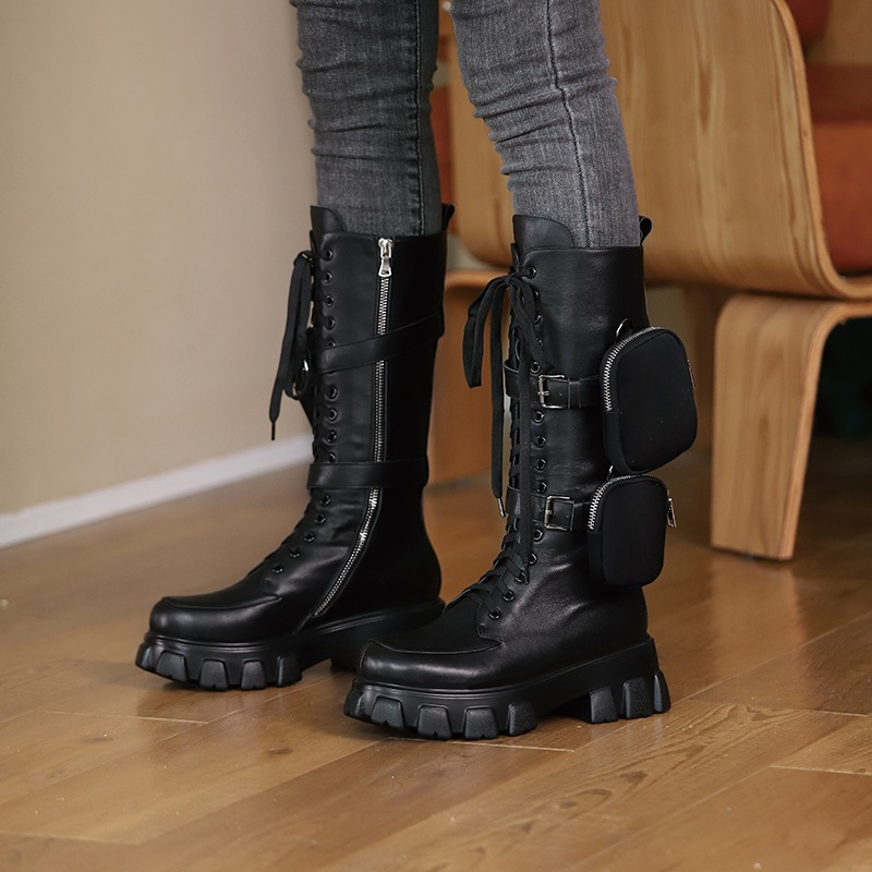 Women's black platform motorcycle boots with pockets, genuine leather, mid-calf alternative fashion footwear.