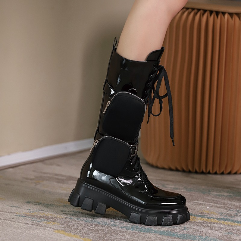 Women's black mid-calf platform boots with pockets, made of genuine leather, perfect for alternative fashion.