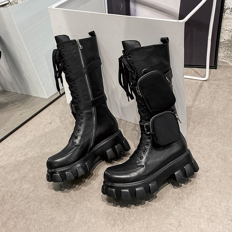 Stylish women's mid-calf black platform motorcycle boots with pockets, made of genuine leather.
