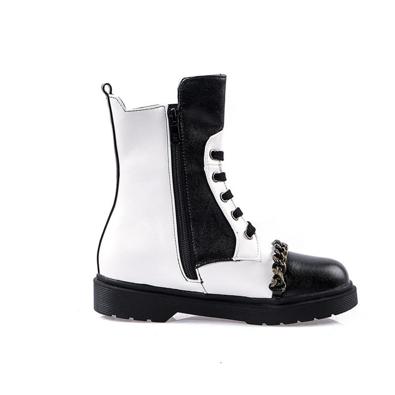 Women's Motorcycle Ankle Boots With Chain / Round Toe Boots With Zip / Autumn Unique Shoes - HARD'N'HEAVY
