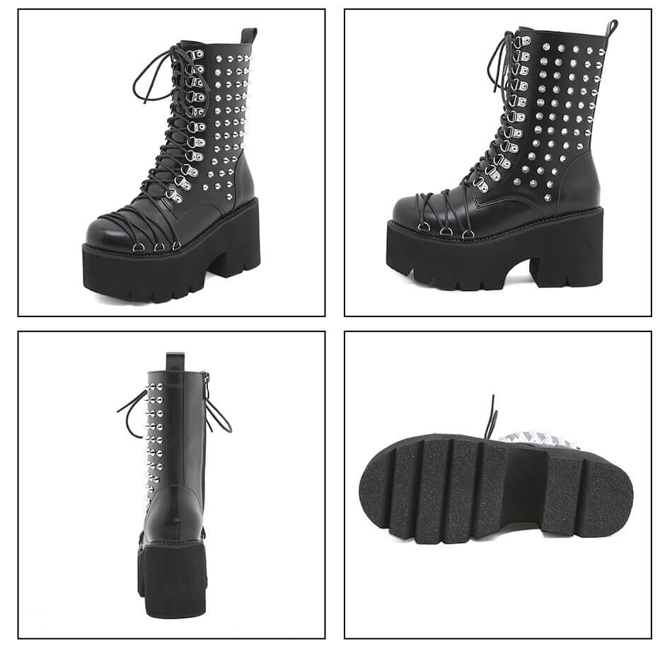 Stylish women's punk motorcycle platform boots featuring rivets, chunky heel, and bold lace-up design.