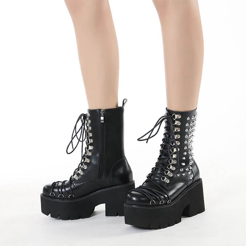 Stylish women's punk motorcycle platform boots with rivets and chunky heel for a bold fashion statement.