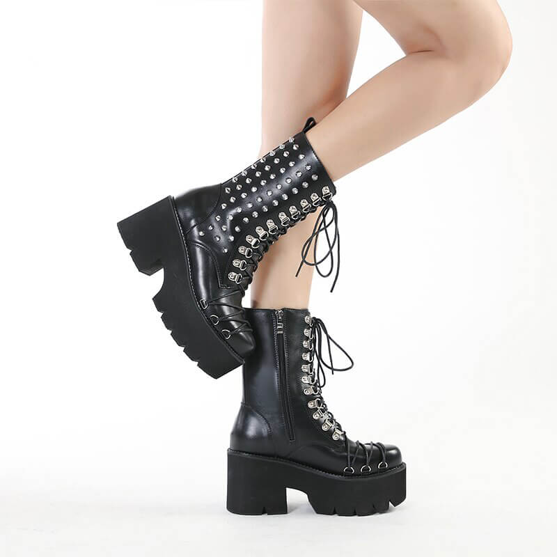 Stylish Women's punk motorcycle platform boots with rivets, featuring lace-up design and chunky heels.