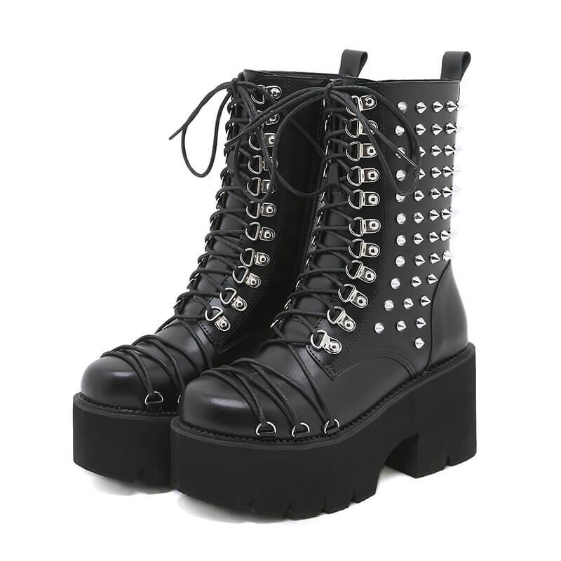 Women's punk style motorcycle platform boots with rivets and chunky heels, perfect for a rebellious fashion statement.