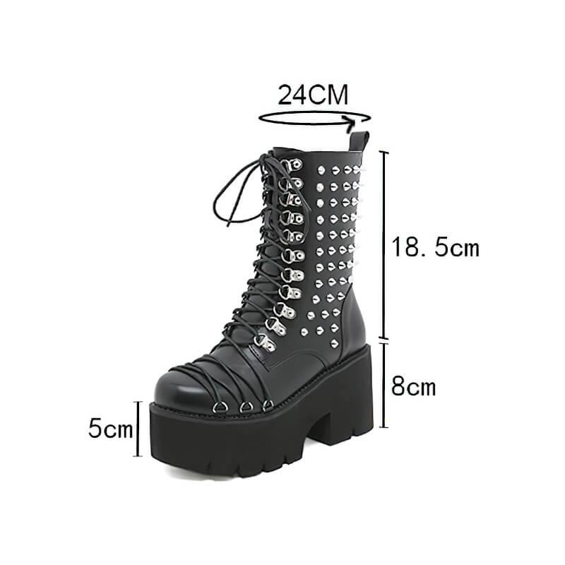 Womens punk style motorcycle platform boots with rivets, chunky heel and lace-up design, perfect for bold fashion statements.