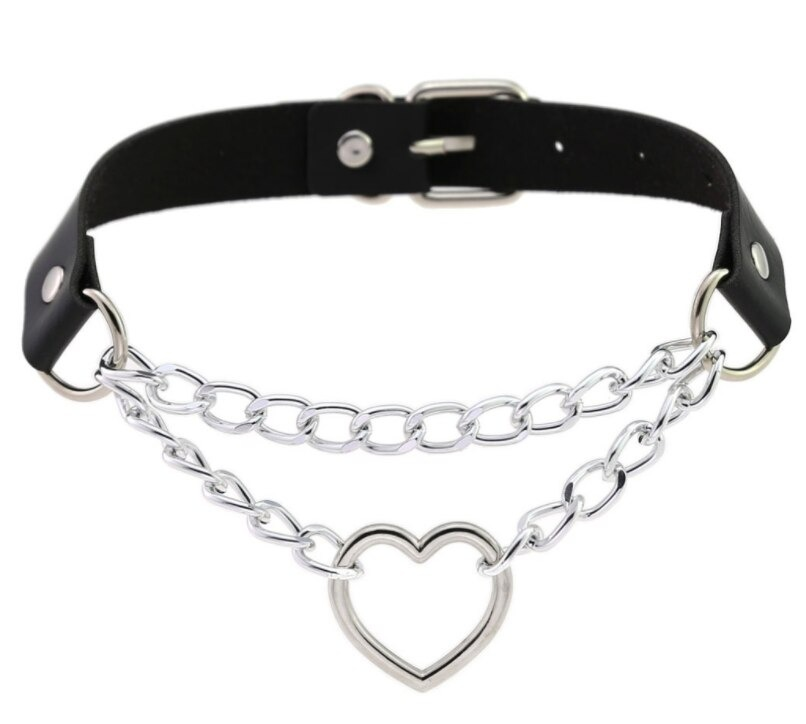 Stylish women's punk choker with heart pendant, metal chains, and PU leather strap for gothic fashion.