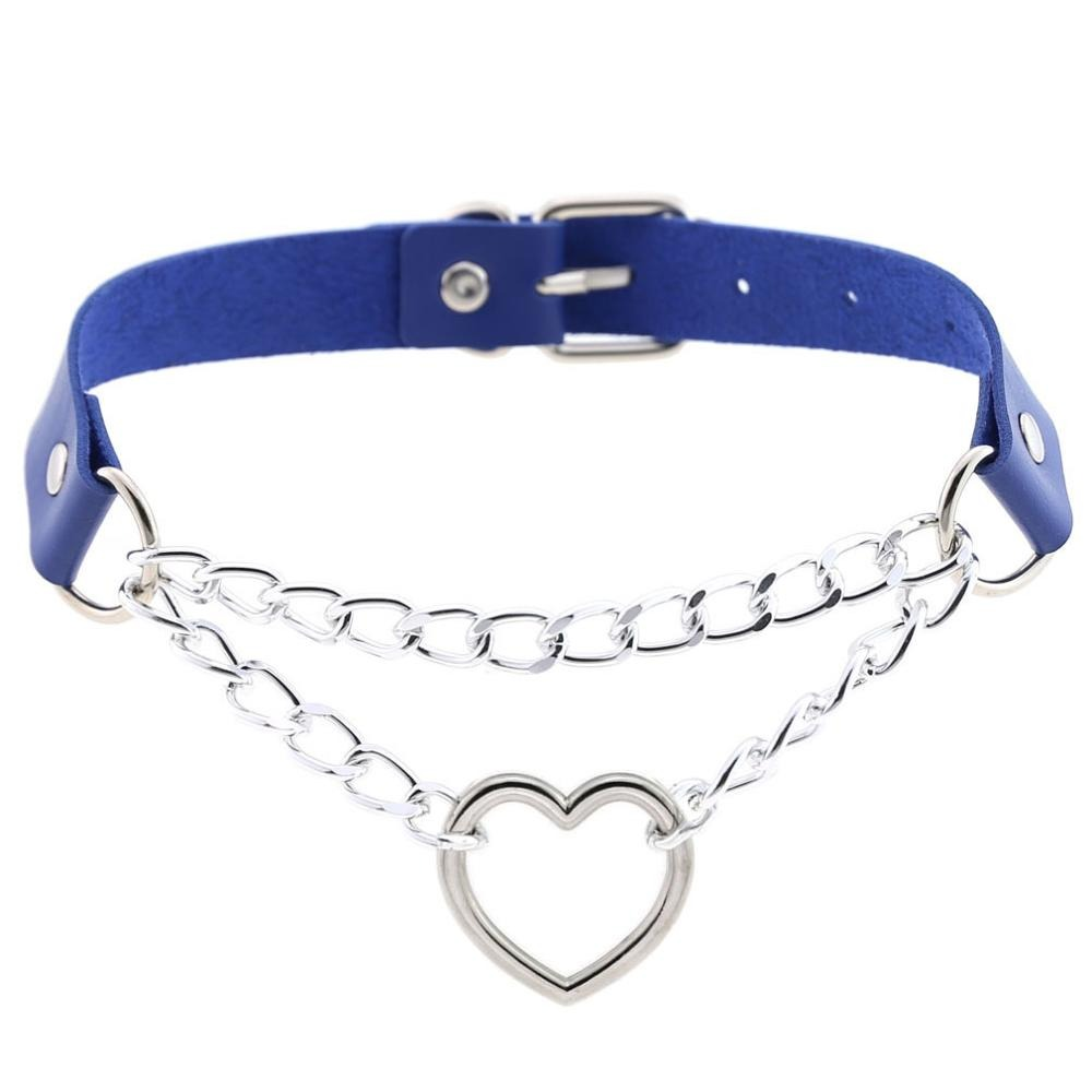 Punk-style PU leather choker with silver heart pendant and chain, perfect for gothic fashion lovers.