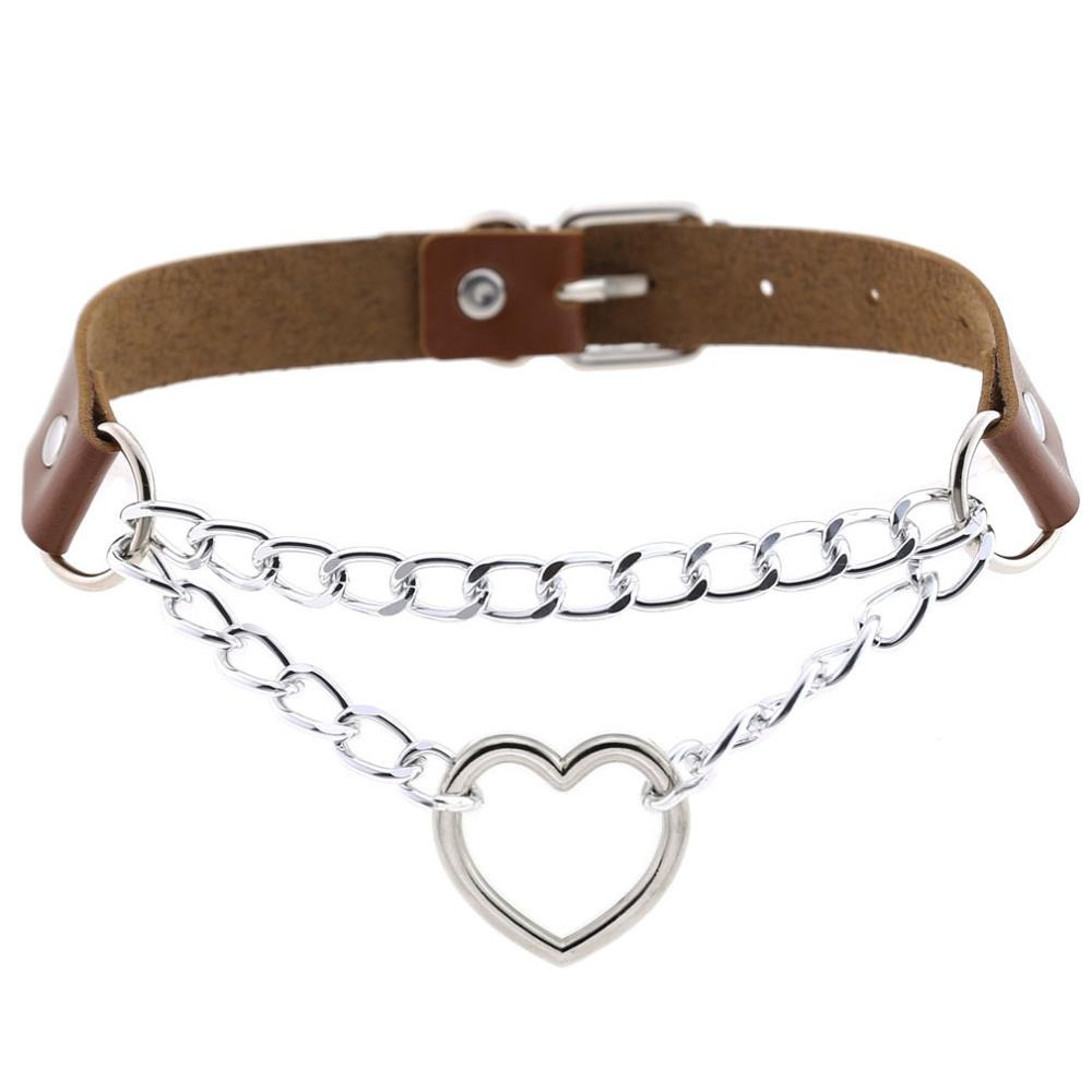 Punk style women's choker necklace with heart pendant, chains, and PU leather trim for gothic fashion.