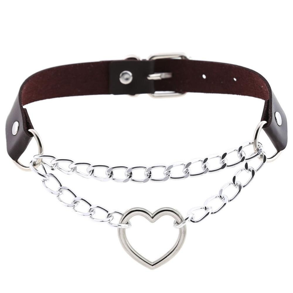 Punk style women's choker necklace with heart pendant and metal chains in PU leather.