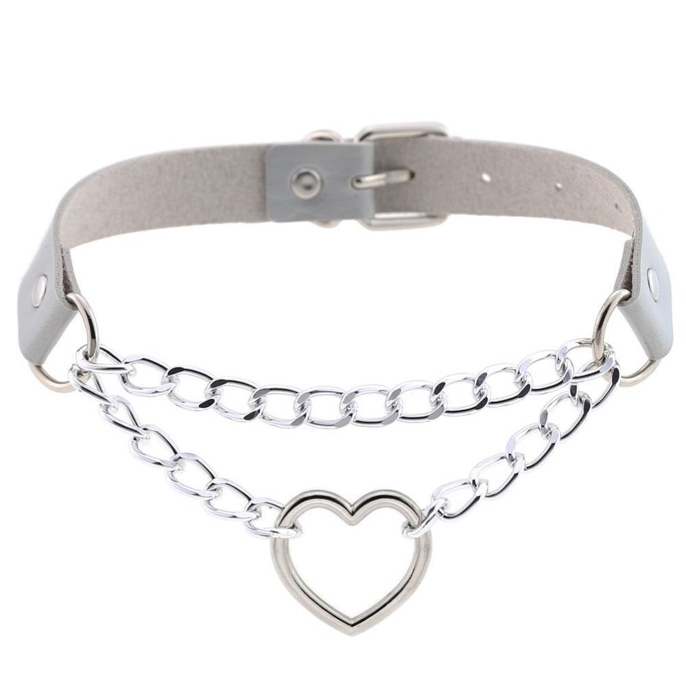 PU leather choker with silver chains and heart pendant, perfect for punk and gothic jewelry styles.