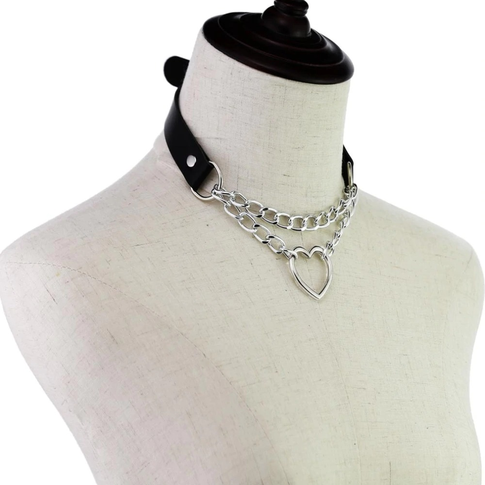Punk style women's choker necklace featuring heart pendant, PU leather and chain design, perfect for gothic outfits.
