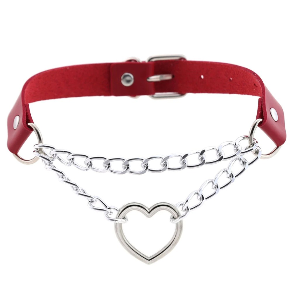 Red PU leather choker with silver heart pendant and chain, perfect for punk and gothic style outfits.