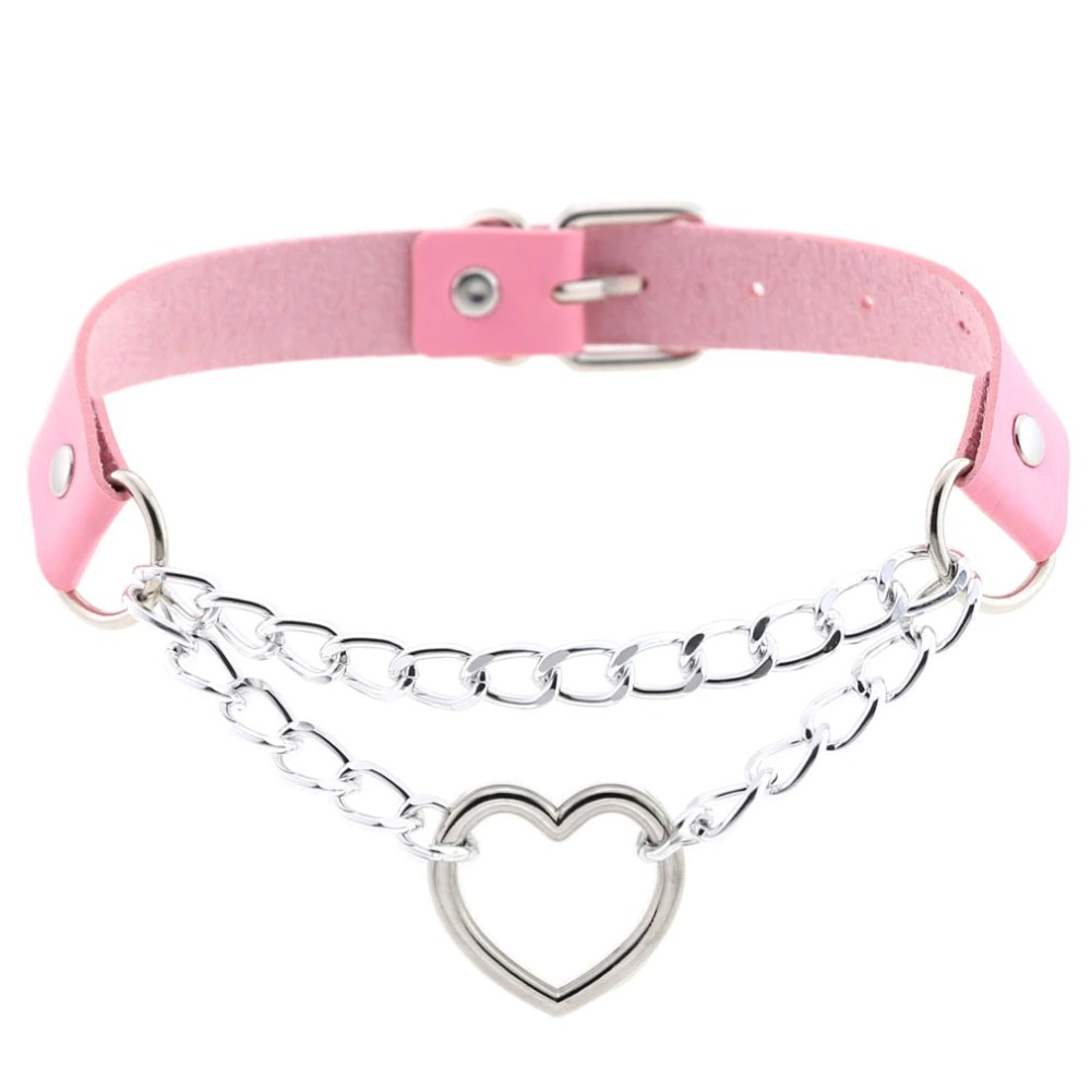 Pink PU leather choker with heart pendant and metal chains, perfect for gothic punk style outfits.