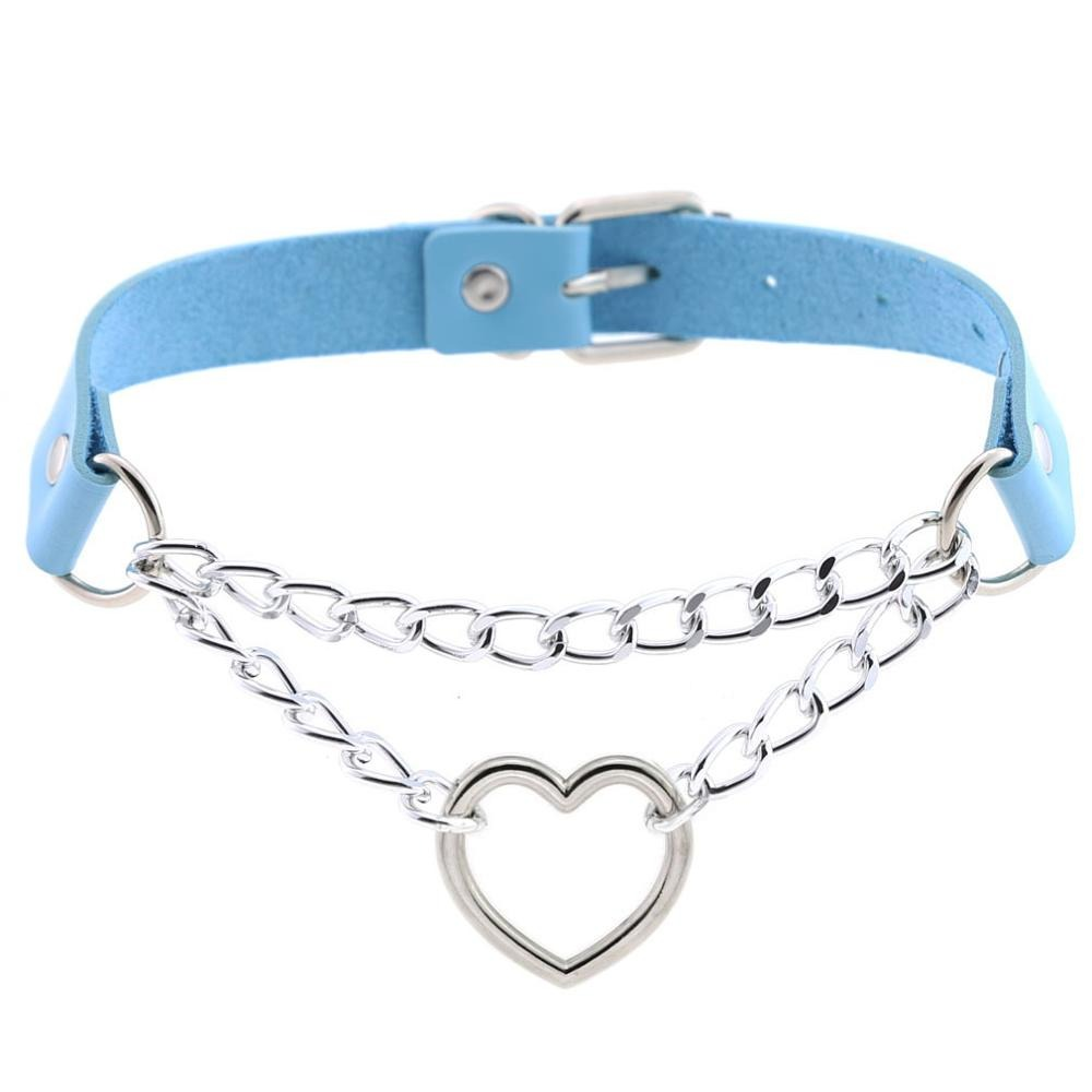Punk style women's choker necklace with blue PU leather and silver heart pendant chain.