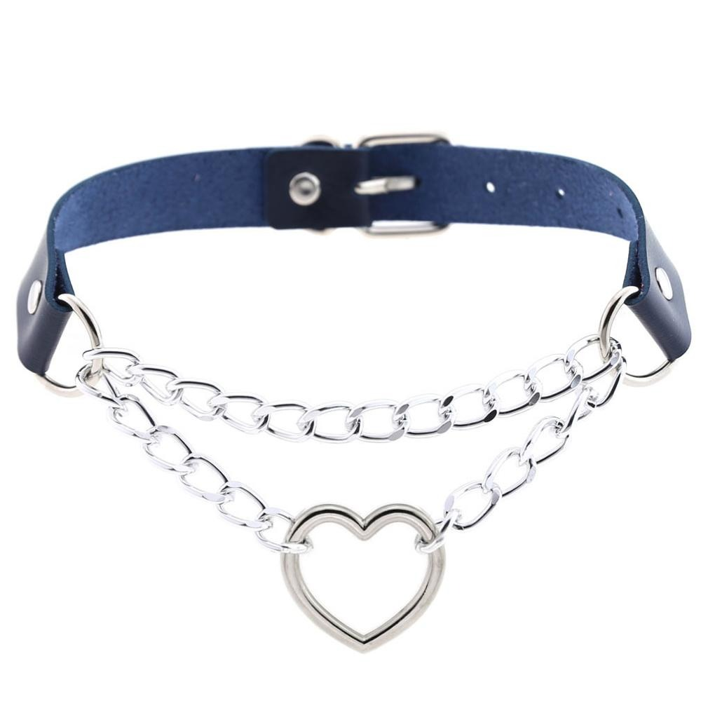 Punk style women's heart pendant choker necklace with metal chains crafted from PU leather.