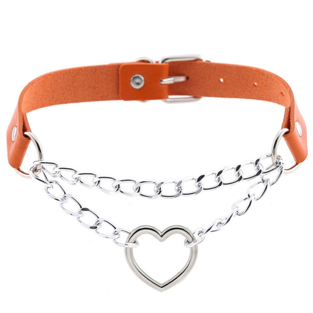 Punk style women's PU leather choker with heart pendant and silver chains, perfect for gothic fashion.