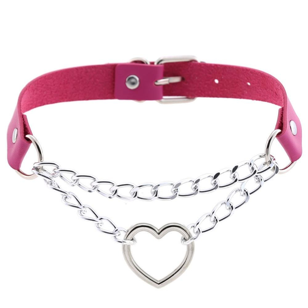 Women's punk-style PU leather choker with heart pendant and chain, perfect for gothic fashion lovers.