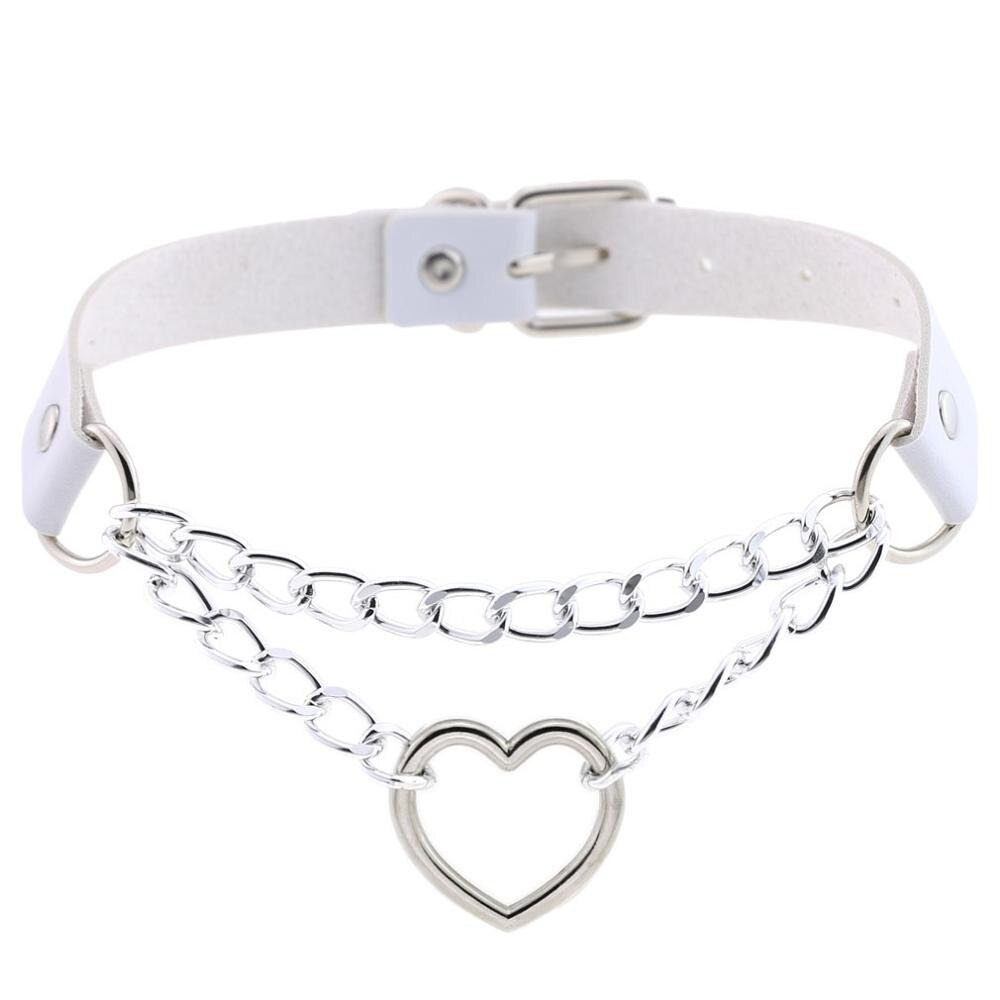 Punk style women's choker in white PU leather featuring a heart pendant and silver chains for a gothic look.