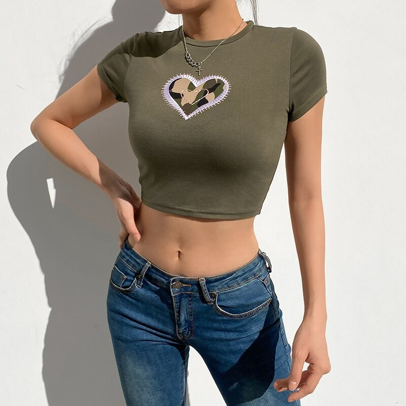 Women's O-Neck Crop Top / Sexy Grunge Style Top / Elegant Top With Heart For Girl - HARD'N'HEAVY
