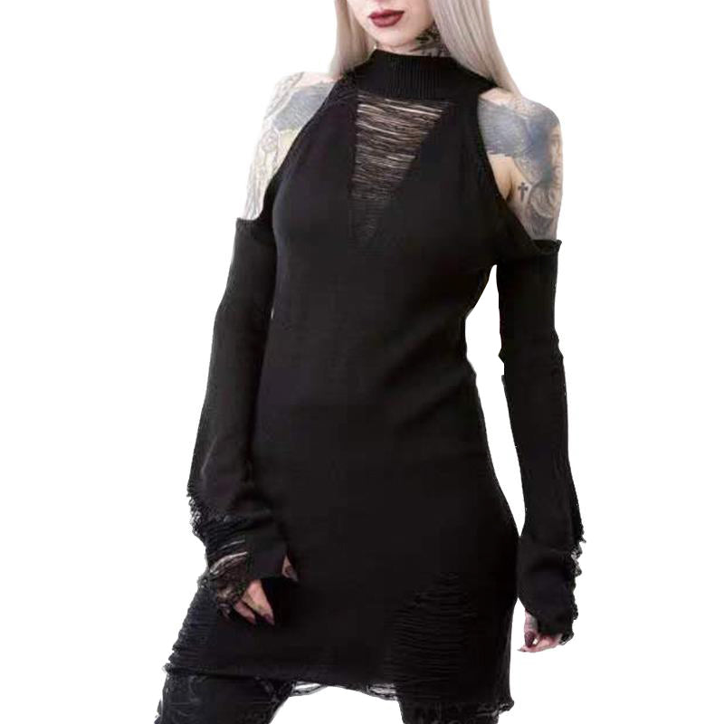 Stylish women’s black gothic off-shoulder sweater with hollow-outs, perfect for cozy evenings and trendy outfits.