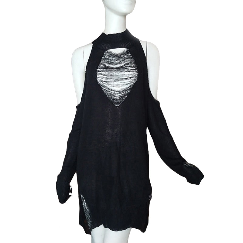 Women's off-shoulder black gothic long sweater with hollow-out design, perfect for trendy outfits and cozy evenings.