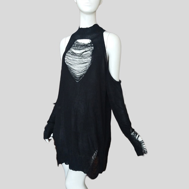 Trendy women's black gothic off-shoulder pullover sweater with hollow-out design, perfect for casual or evening wear.