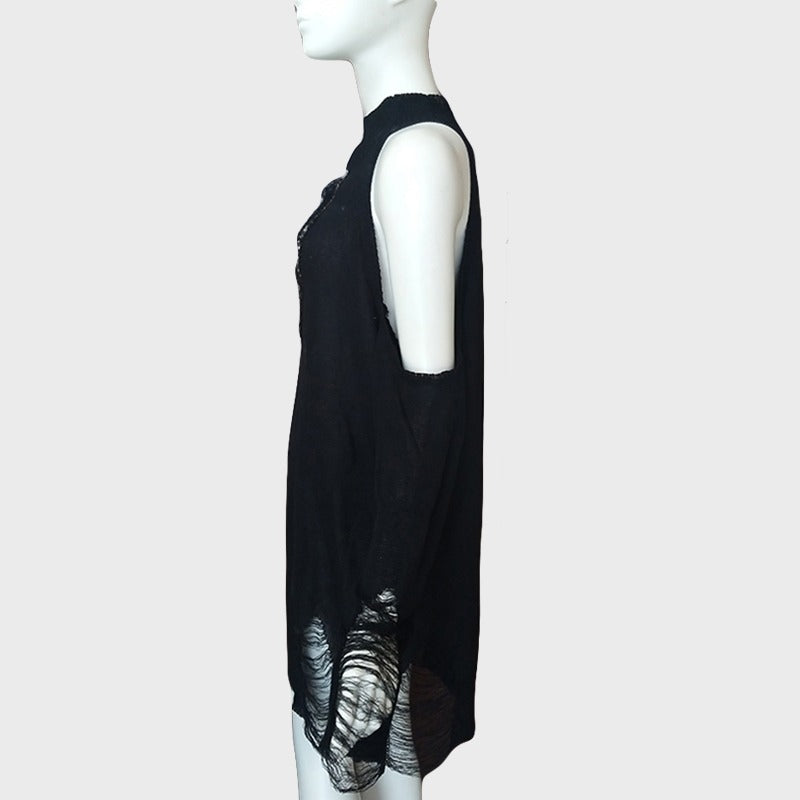 Elegant women's off shoulder black gothic long sweater with hollow-out knit design, perfect for casual or romantic outings.