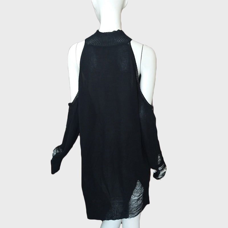 Black Gothic Off Shoulder Sweater showcasing hollow-out details, perfect for a stylish, warm outfit.