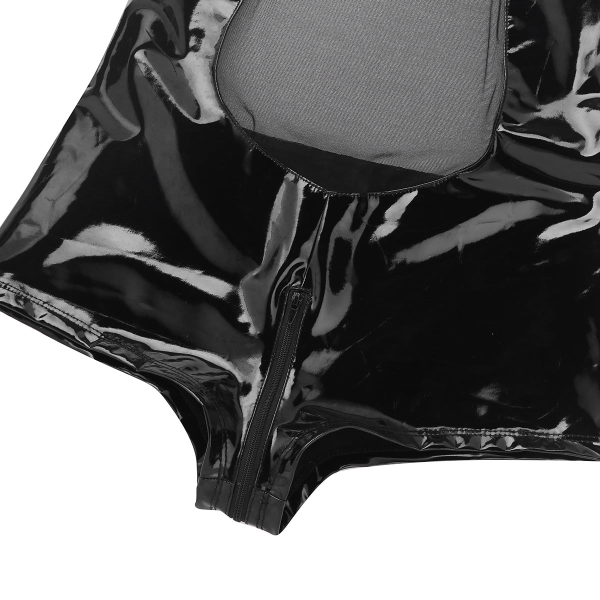 Close-up of black wet look faux leather bodysuit featuring a zipper and mesh splice detail.