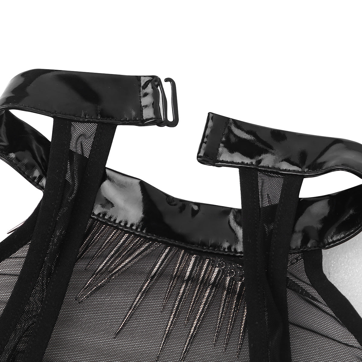 Close-up of the collar and straps of a women's faux leather lingerie bodysuit featuring spikes and mesh details.