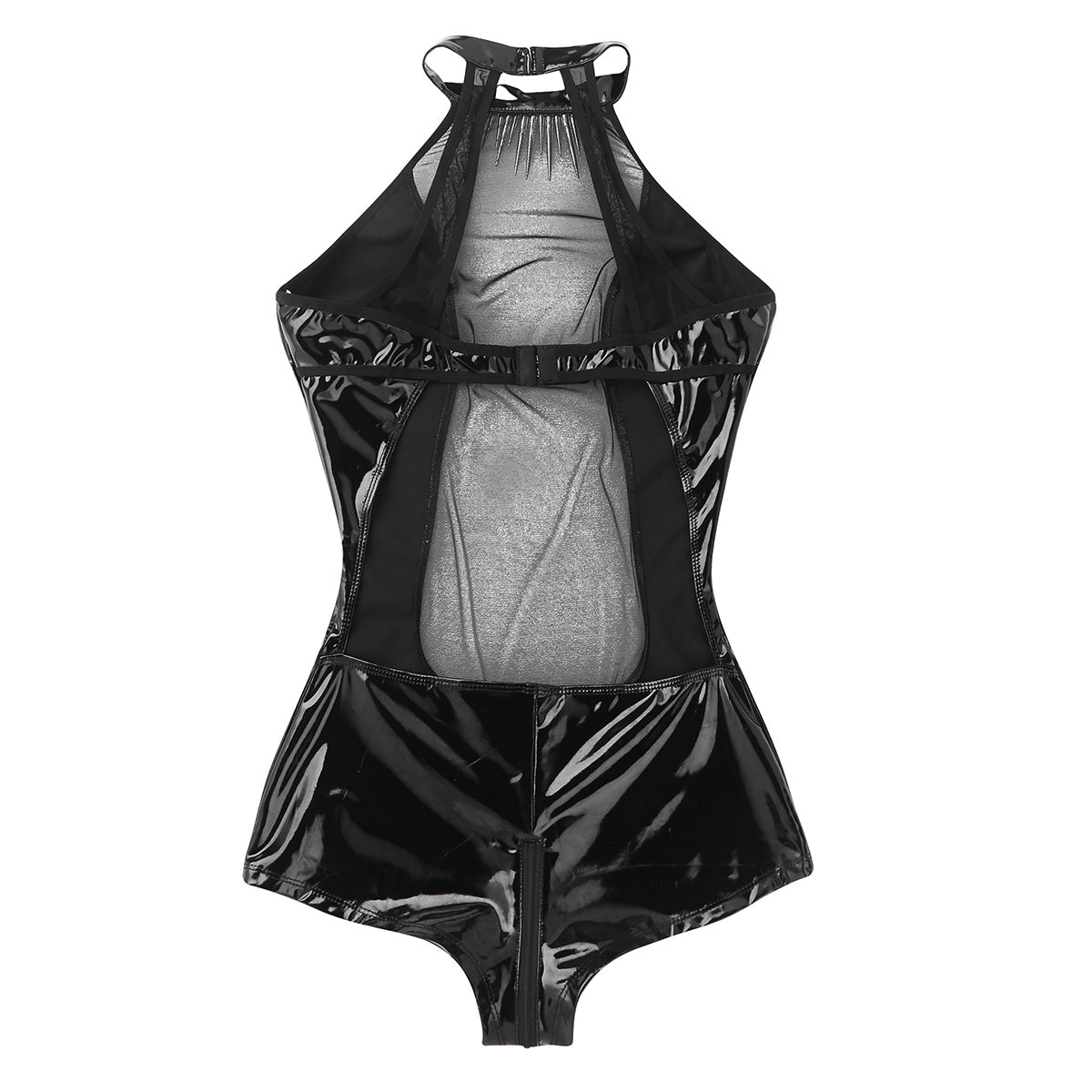 Women's One-Piece Wet Look Faux Leather Lingerie / Mesh Splice Zipper Crotch Bodysuit with Necklace - HARD'N'HEAVY