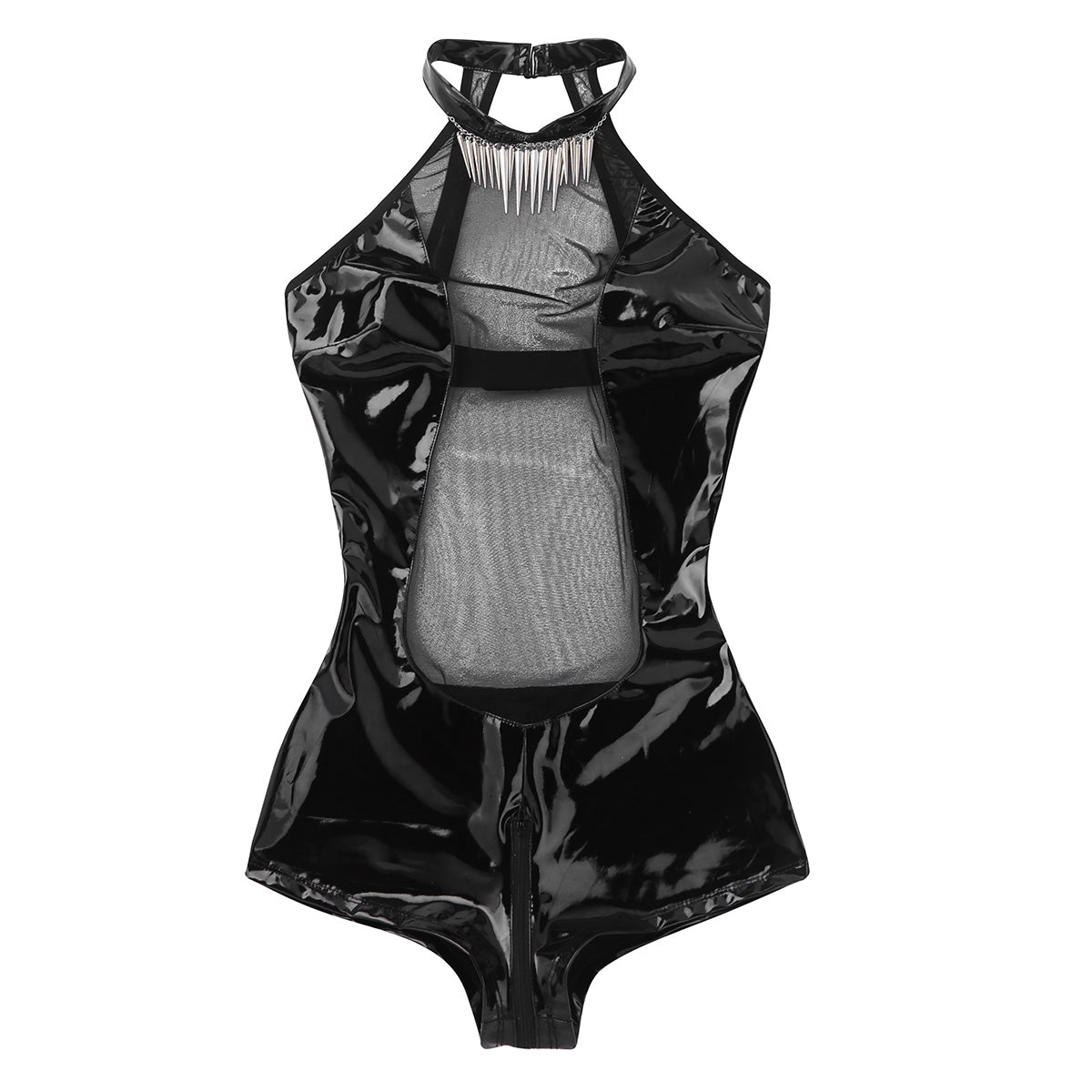 Women's black wet look faux leather lingerie bodysuit with mesh splice and spiked collar detail.