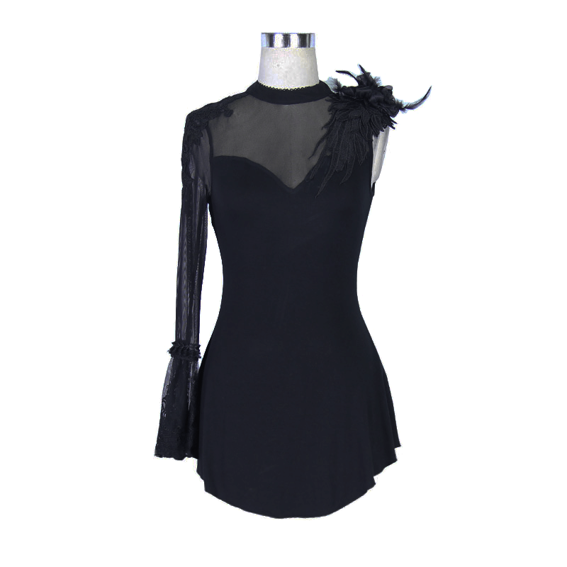 Women's One Sleeve Asymmetric Top in Gothic Style / Black Romantic Top with Flower and Feather - HARD'N'HEAVY