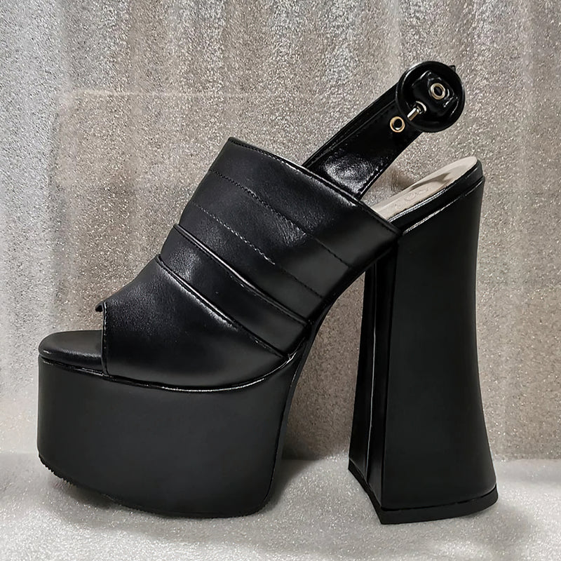 Women's open toe platform shoes featuring a high square heel in slick black leather for trendy and stylish looks.