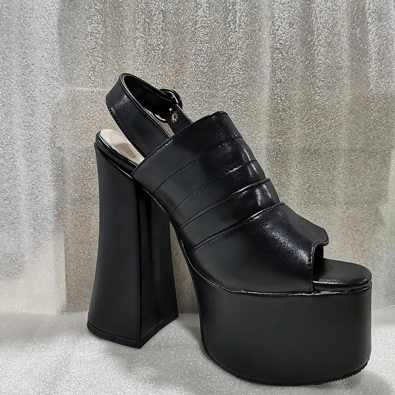 Trendy women's open toe platform shoes with high square heels, made of black PU leather and rubber.