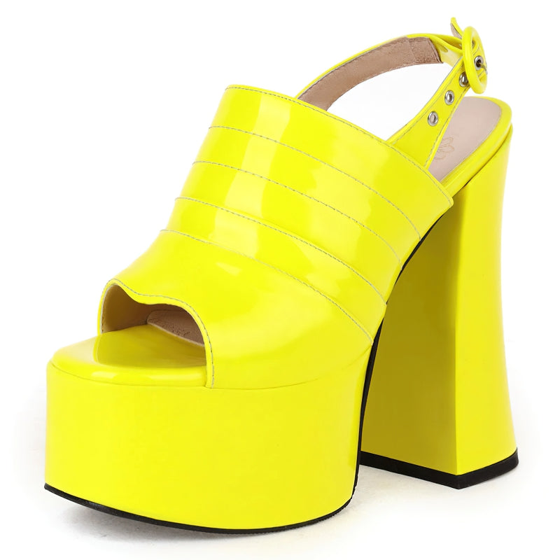 Bright yellow open toe platform sandals with high square heels, perfect for stylish summer looks.