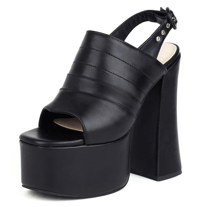 Women's open toe platform shoes with high square heel, stylish black design perfect for trendy outfits.