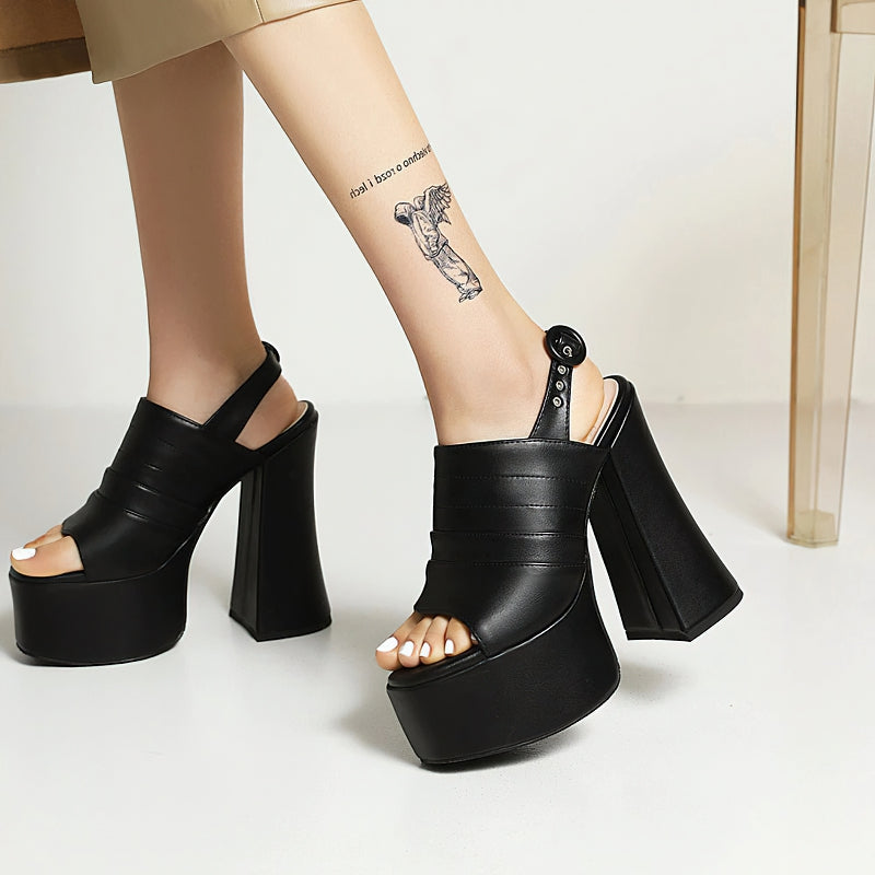 Stylish women's open toe platform shoes with high square heels in black, perfect for trendy outfits and confident strides.