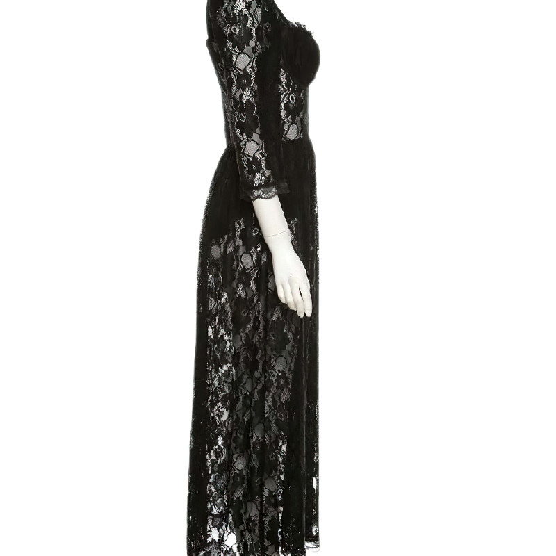 Elegant black lace long dress for women, perfect gothic fashion statement for parties and special occasions.