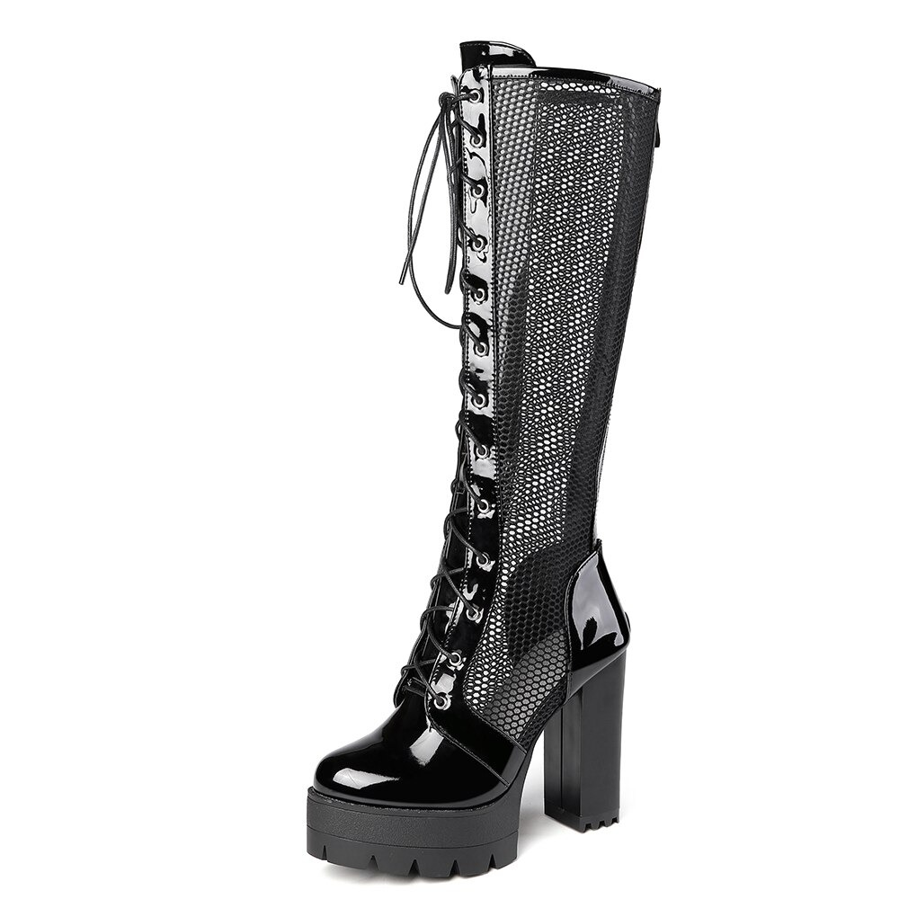 Women's Patent Leather Knee-High Mesh Boots / High Heels Breathable Shoes With Zippers - HARD'N'HEAVY