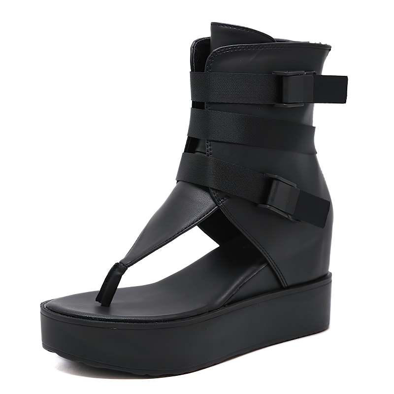 Women's Platform Ankle Strap Sandals / Female Black Leather Fashion Shoes - HARD'N'HEAVY