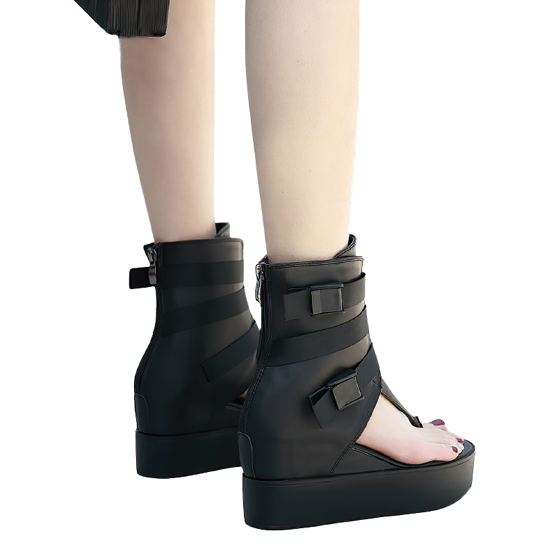 Women's Platform Ankle Strap Sandals / Female Black Leather Fashion Shoes - HARD'N'HEAVY